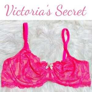 VICTORIA’S SECRET VINTAGE Y2K BALCONETTE LACE BRA NEON PINK COQUETTE  PINUP, 36C